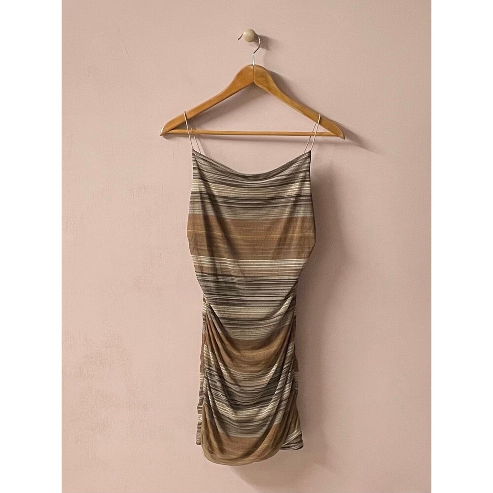 Wild Fable Brown Stripe Ruched Side Cowl Neck Spaghetti Strap Mini Dress Size M